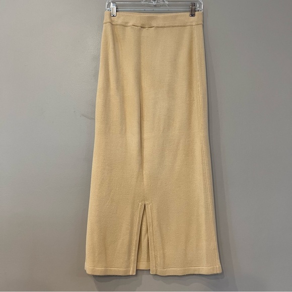 VTG Knit Sweater Set Pencil Long Skirt Tunic Button Up Scoop Neck Sz M Wheat Tan - Picture 4 of 12